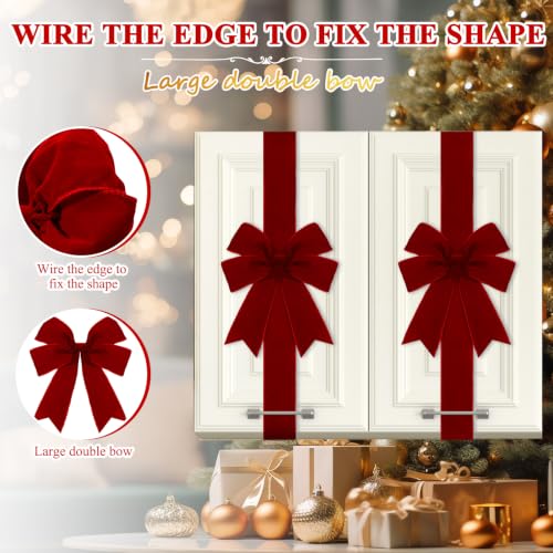 Burgundy Velvet Christmas Cabinet Bows with Ribbon - Set of 6 Holiday Decor