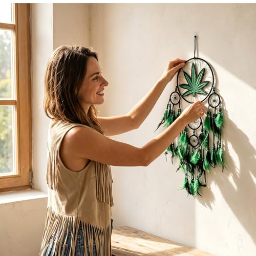 5-Ring Green Leaf Dream Catcher Wall Hanging Bohemian Home Decor