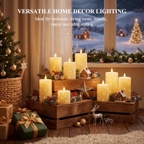 Homemory Ivory Flameless Candles with 3D Wicks & String Lights (Set of 3) Remote, Timer, 2.9/3.5/4.5in