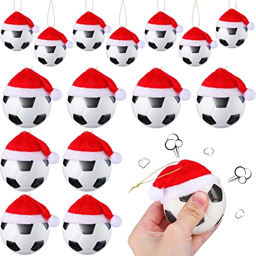 HyDren 12 Pcs Soccer Christmas Ball Ornaments with Santa Hats – 2.4" Foam Football Decor (Soccer Variation)