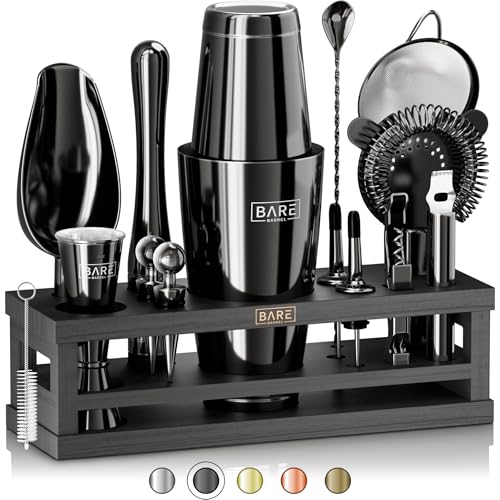 Bare Barrel Mixology Bartender Kit Jet Black 28oz Boston Shaker, 16-Piece Bar Set with Recipe Cards