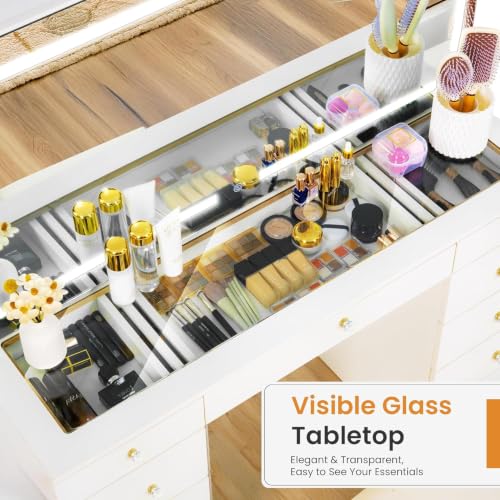 11-Drawer Vanity Desk with LED Mirror, Glass Top, and Charging Station