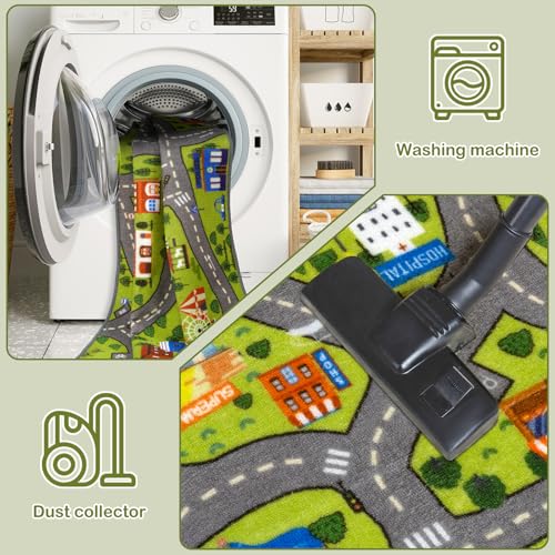 Kids City Road Play Rug - 60x32 Inch Washable Non-Slip Race Track Carpet