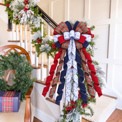 45 Inch Chinoiserie Christmas Tree Topper Tartan Bow Decor