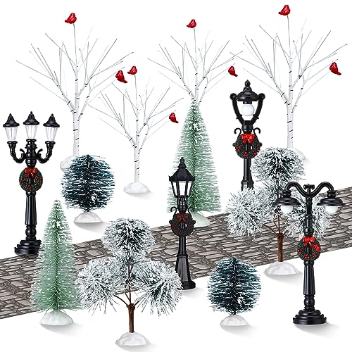 15-Piece Christmas Village Accessories Set - Miniature Trees & Street Lamps