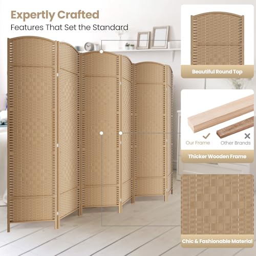 6-Panel Woven Room Divider, 6ft Tall Folding Privacy Screen, Light Beige