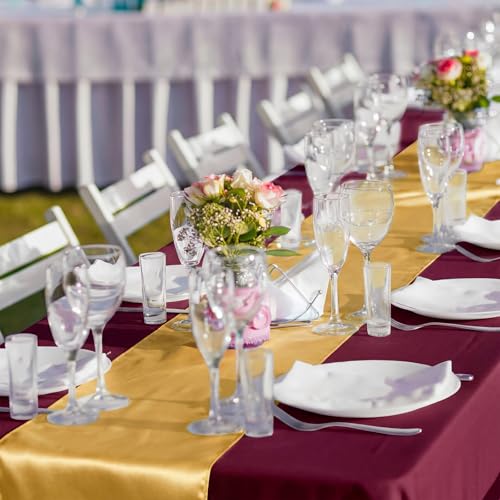 Breling Burgundy and Gold 16-Pack Tablecloths & Satin Runners Set - 54x108in Tablecloths, 12x108in Runners