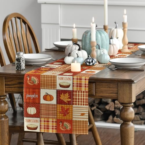 Artoid Mode 13x60 Inch Buffalo Plaid Pumpkins Thanksgiving Table Runner - Orange Fall Decor