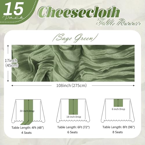 15-Pack Sage Green Cheesecloth Table Runners, 17 x 108 Inch Gauze Decor