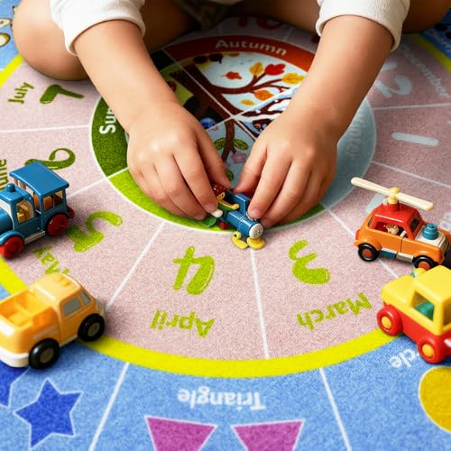 4ft Round Educational Kids Rug, Alphabet and Number Playroom Carpet