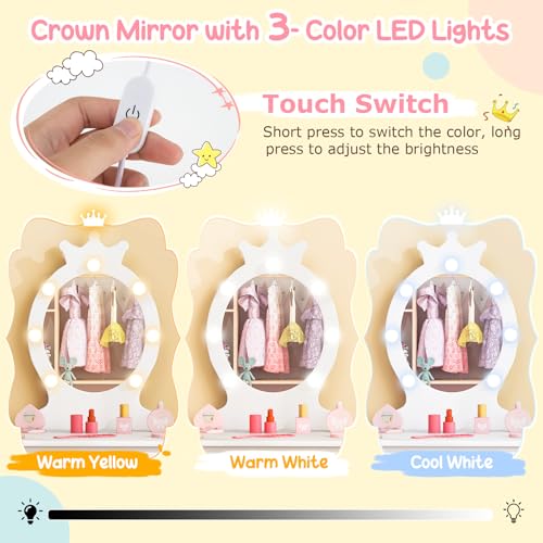 Kids Vanity Set with Lighted Mirror, Stool, and Drawer - Wooden Dressing Desk