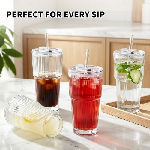 20oz Ribbed Glass Cups with Lids and Straws, 4-Pack Iced Coffee Tumblers