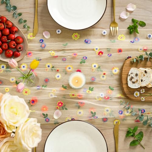 Artoid Mode Champagne Apricot Floral Gauze Table Runner 27" x 120"