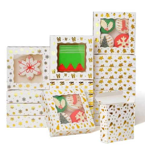 TEMLQPACK White 24 Pack Gold Foil Christmas Cookie Boxes 4.3x4.3x1.2 Inches