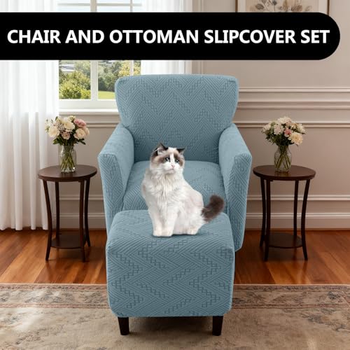 Stretch Chair and Ottoman Cover Set - Non-Slip Jacquard Fabric, Blue