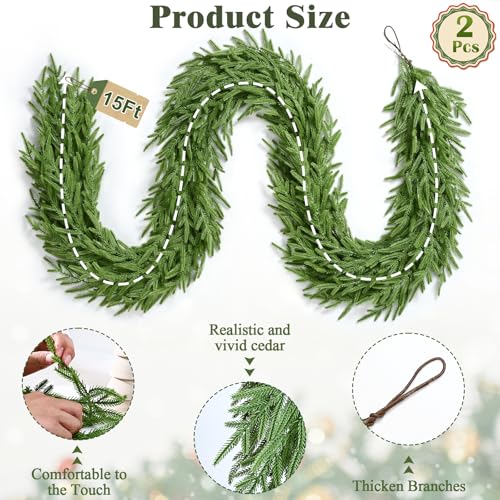 Waipfaru 2-Pack 15 ft Norfolk Pine Garland | Real-Touch Artificial Christmas Wreath & Garland