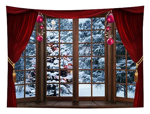 LB Winter Forest Tapestry Red 60W x 40H Inches – Christmas Pine Tree Curtain Window Wall Hanging