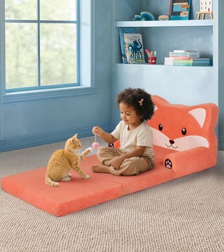 2-in-1 Foldable Toddler Couch with Blanket - Cute Fox Plush Sofa Chair