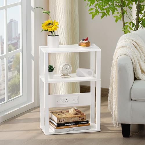 3-Tier Narrow Bedside Table with Charging Station and USB Ports