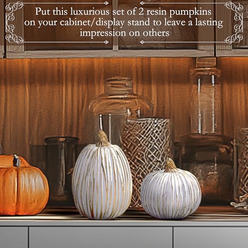 White and Gold Resin Pumpkin Figurines - Set of 2 Fall Table Centerpieces