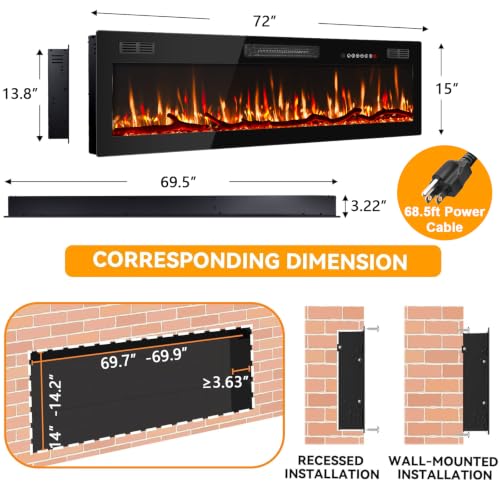 72 Inch Ultra Thin Electric Fireplace Wall Mounted Heater