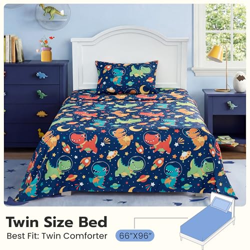 3-Piece Twin Sheet Set - Soft Microfiber Space Dinosaur Bedding for Kids