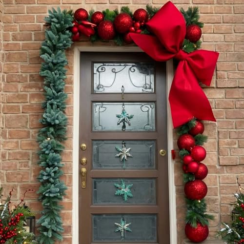 Christmas Outdoor Garland with Jumbo Velvet Bow, 24 Inch Festive Decor