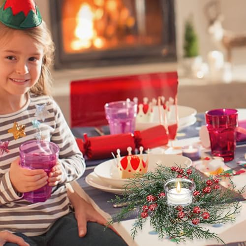 Set of 6 Christmas Candle Ring Wreaths with Red Berries & Snowy Pine