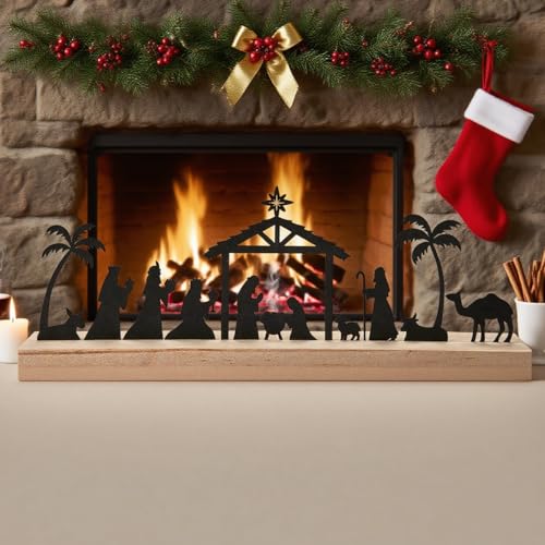 FESTGLOX Large Black Metal Nativity Scene Christmas Set with Wooden Base