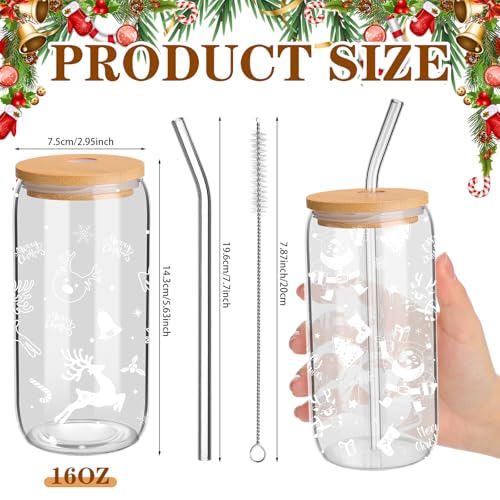 Yetene White Christmas Pattern Holiday Glass Cups Set 16oz with Lid & Straw