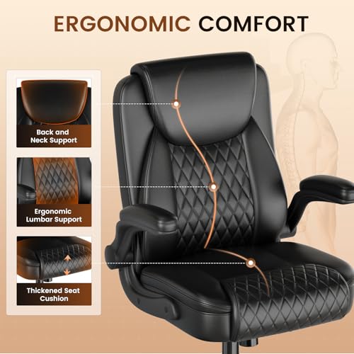 Ergonomic PU Leather Office Chair with Flip-Up Arms, 300lbs Capacity