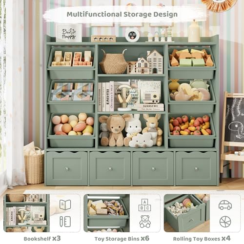55-inch Kids Toy Storage Organizer with 10 Bins and Bookshelf, Green