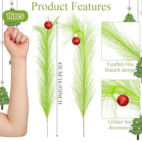 16 Pcs 17" Lime Green Curly Christmas Tree Picks with Red Ball