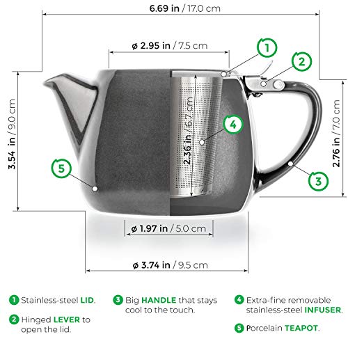 Tealyra - Pluto Porcelain Small Teapot Grey - 18.2-ounce (1-2 cups) - Unique Finish - Stainless Steel Lid and Extra-Fine Infuser To Brew Loose Leaf Tea - 540ml