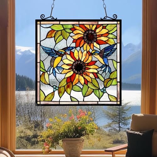 Handcrafted Sunflower Stained Glass Window Panel with Birds