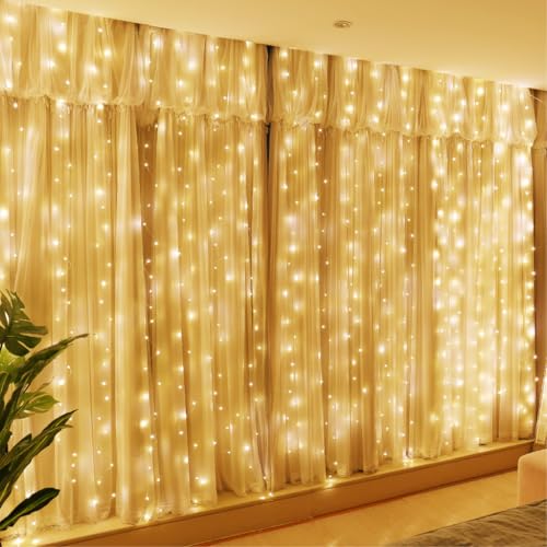 HXWEIYE 300LED Fairy Curtain Lights 9.8x9.8Ft USB Remote Warm White
