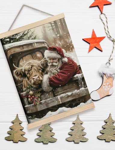 Rustic Highland Cow Santa Wall Art - 12x16 Inches, Farmhouse Christmas Canvas Print (Color 02)