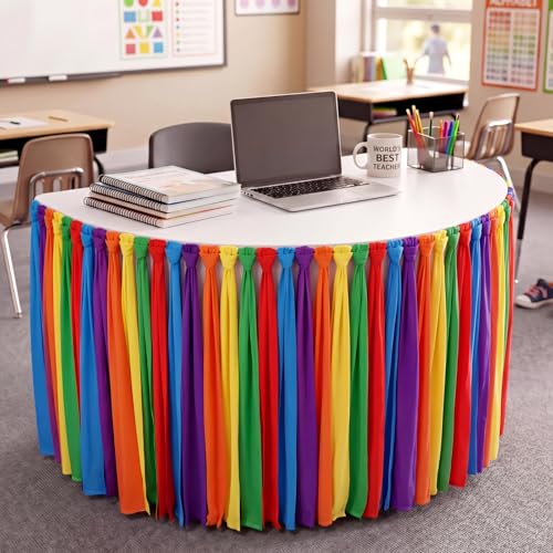 Rainbow Fringe Table Skirt 14ft x 30in for Classroom Desks and Party Decor
