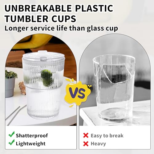 16 Oz Ribbed Reusable Iced Coffee Cups with Lids and Straws - Set of 2