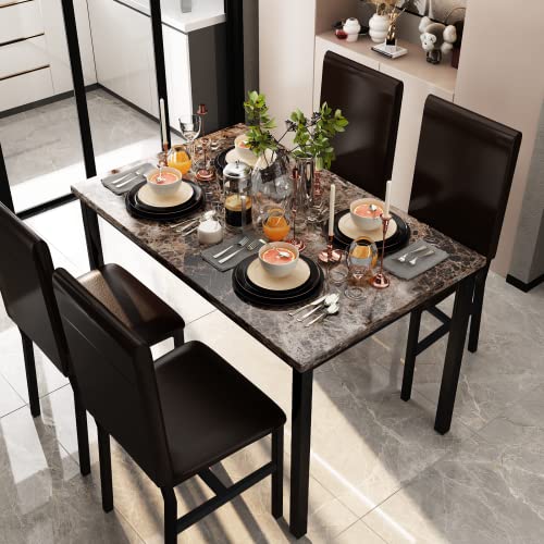 5-Piece Modern Dining Table Set for 4 with Faux Marble Top and Chairs