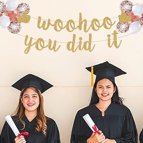 Woohoo You Did It Graduation Banner - Pre-Strung Gold Glitter 2024 Decor