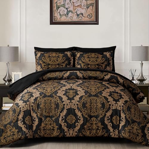 Black Gold Damask Comforter Set Queen Size - 7 Piece Bed in a Bag