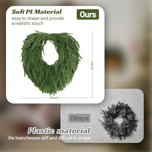 24-Inch Norfolk Pine Artificial Wreath for Front Door, Real Touch Faux Greenery