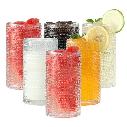Vintage Hobnail Drinking Glasses Set of 6, 16 oz Embossed Glass Tumblers