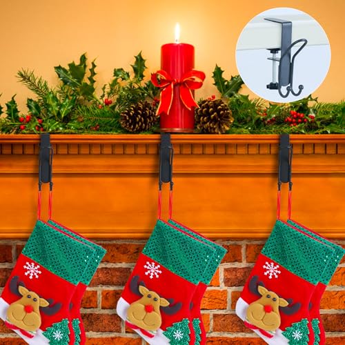 Muximud 3-Pack Black Christmas Stocking Holders for Fireplace Mantle 2-in-1 Hooks