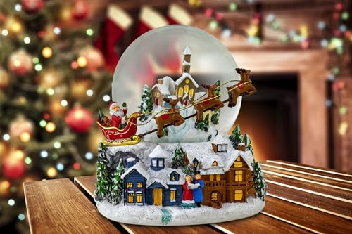 Santa Snow Globe with Reindeer Flying Over Village - 6.5 Inch Christmas Decor