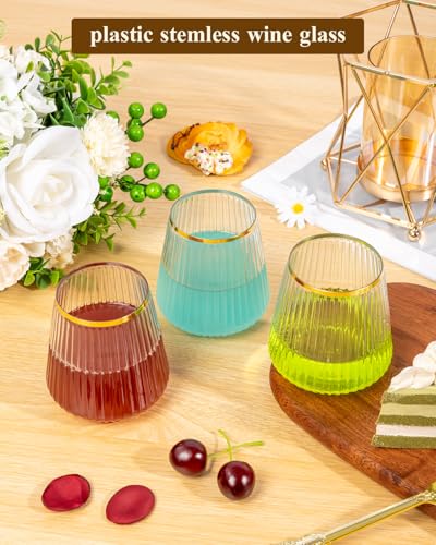 36 Pack 12oz Stemless Plastic Wine Glasses with Gold Rim, Ribbed Design