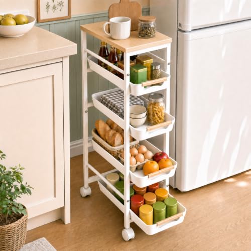 5-Tier Slim Rolling Storage Cart with Wood Top and Pull-Out Baskets