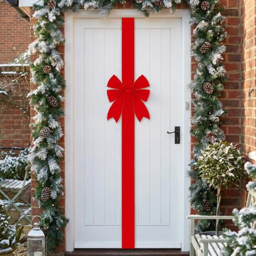 1 Pc Large 173" Red Velvet Christmas Door Ribbon Bow Decoration with Gold Stitching