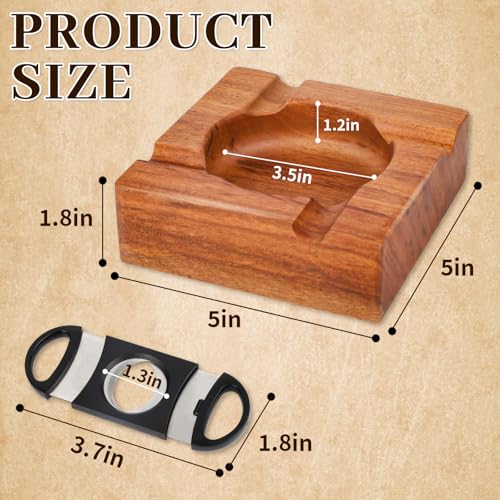 Wooden Cigar Ashtray with Cutter, 4-Slot Walnut Ash Tray for Home and Patio